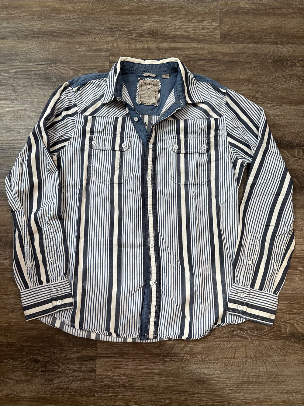 Guess Men's Striped Button-Down Shirt - Navy & White
